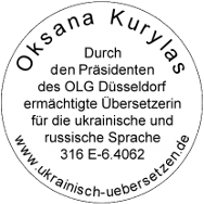 Oksana Kurylas, ermächtigte Übersetzerin für die ukrainische und russische Sprache, Düsseldorf